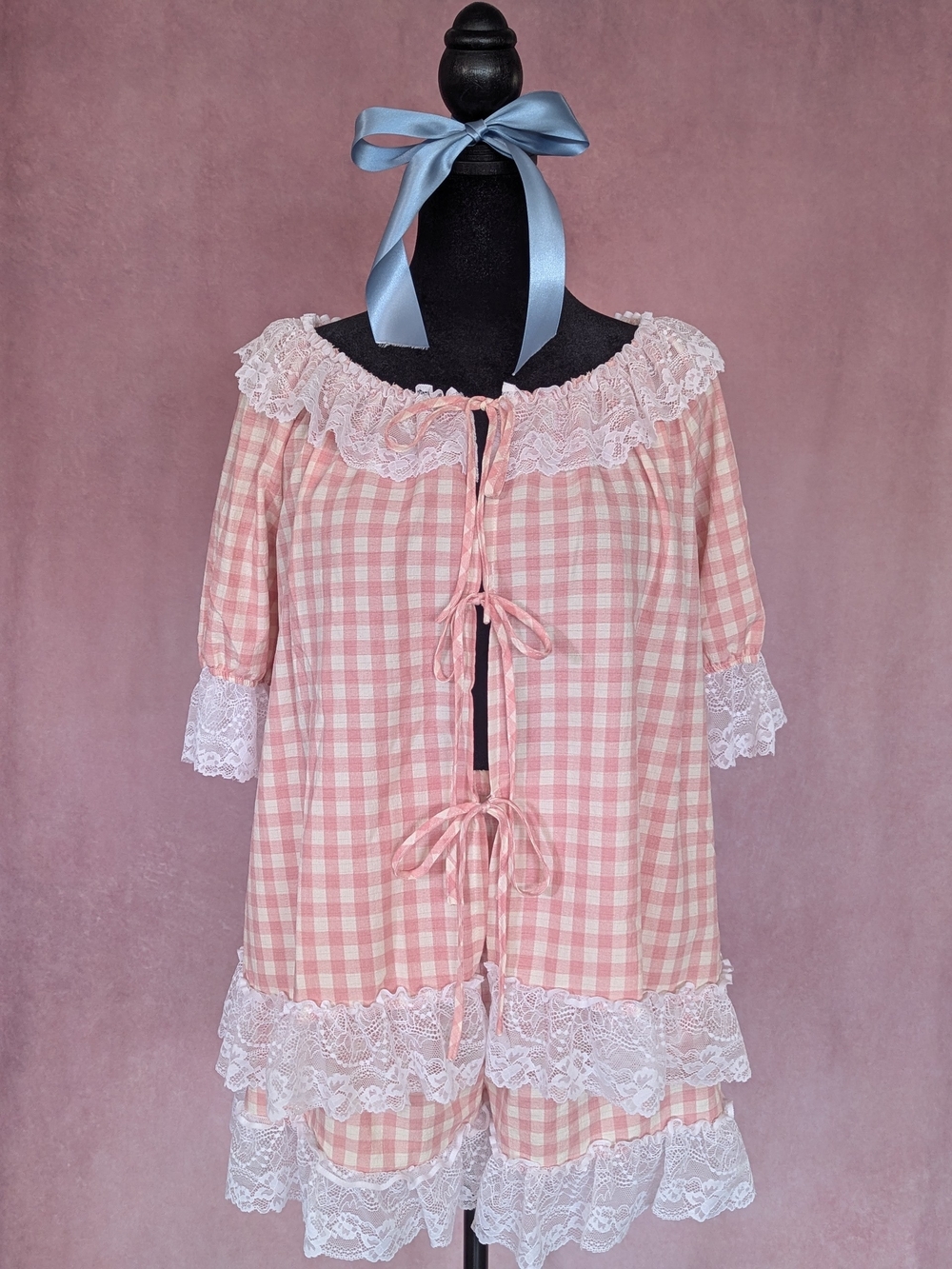 Shein Pink Gingham Lace Pajama Set | Cottagecore Coquette Lounge Set | Tie Front